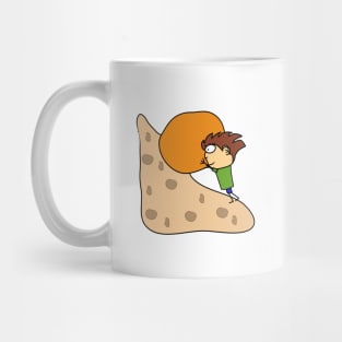 Overcoming difficulties. Roll a stone uphill. Let. Willpower. Interesting design, modern, interesting drawing. Hobby and interest. Concept and idea. Mug